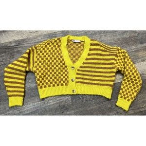 ZARA Combination Jacquard Knit Crop Cardigan Sweater Yellow Brown Size Small